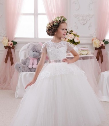 Compra Marfil Cuello de Corazón Tul Encaje Largo vestidos de niña de las flores