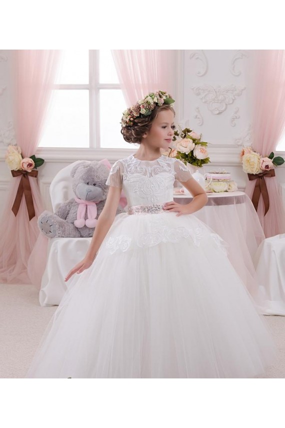 Compra Marfil Cuello de Corazón Tul Encaje Largo vestidos de niña de las flores