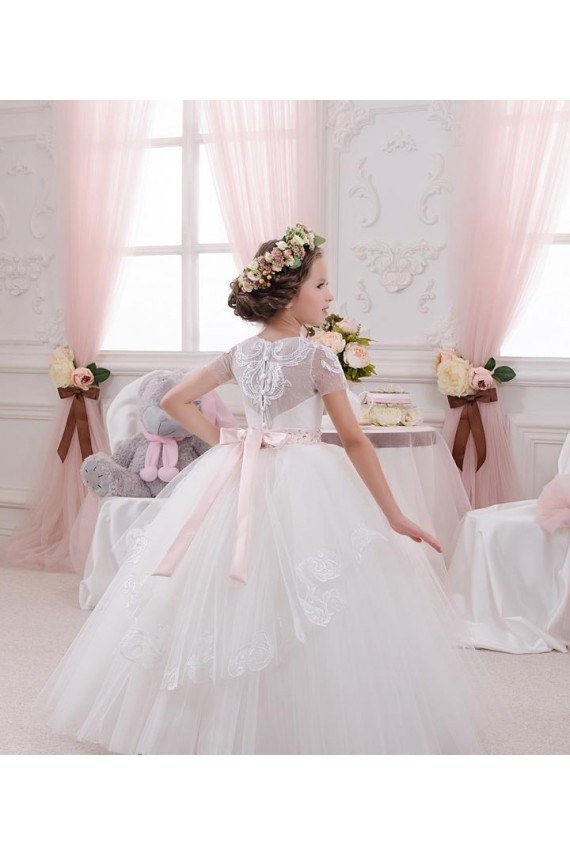 Compra Marfil Cuello de Corazón Tul Encaje Largo vestidos de niña de las flores