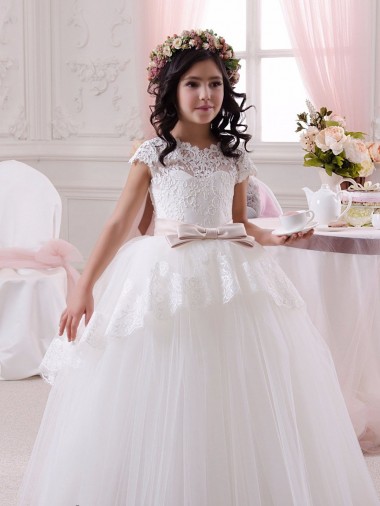 Compra Marfil Cuello de Corazón Tul Encaje Largo vestidos de niña de las flores