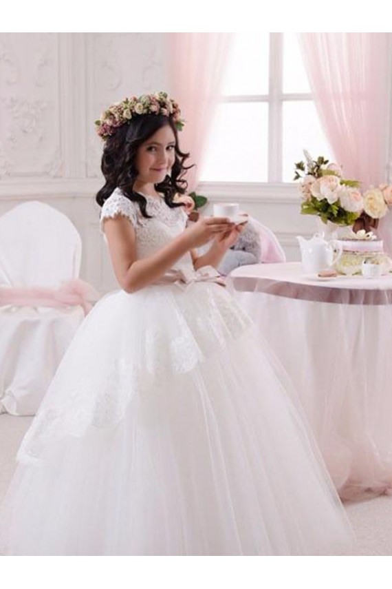 Compra Marfil Cuello de Corazón Tul Encaje Largo vestidos de niña de las flores