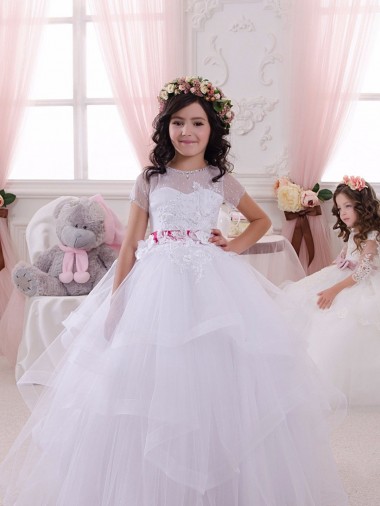 Compra Marfil Cuello de Corazón Tul Encaje Largo vestidos de niña de las flores