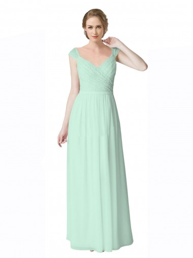 Compra Menta Verde línea A Cuello en V Gasa Encaje Largo Vestidos de dama de honor