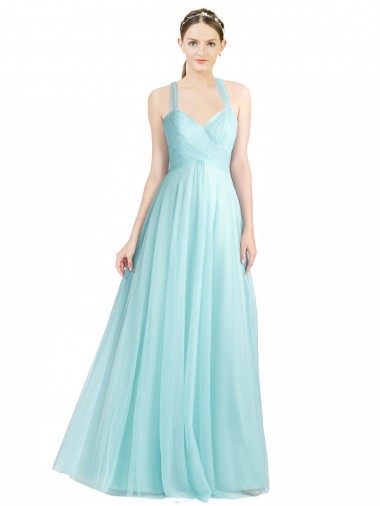 Compra Menta Verde línea A Tirantes espagueti Tul Largo Vestidos de dama de honor