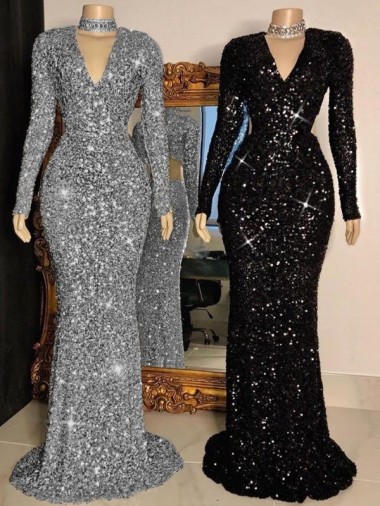 Compra Negro Cubierta Cuello en V Barrer tren Lentejuelas Terciopelo Largo Vestidos de fiesta