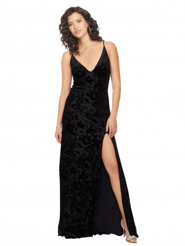 Compra Negro Cubierta Cuello en V Terciopelo floral Terciopelo Elástico Largo Vestidos de dama de honor