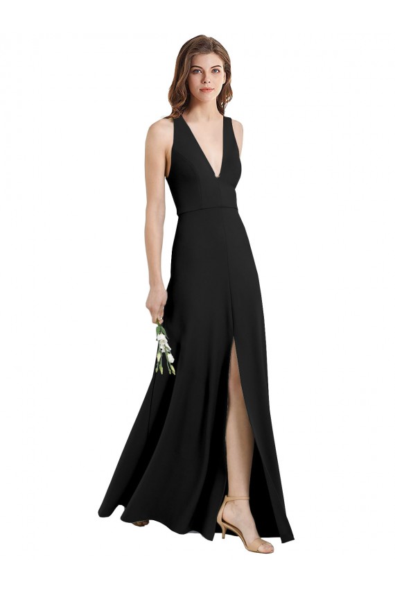 Compra Negro Cubierta Halter Cuello en V Crepé Elástico Largo Formales Vestidos de dama de honor / Vestidos de fiesta