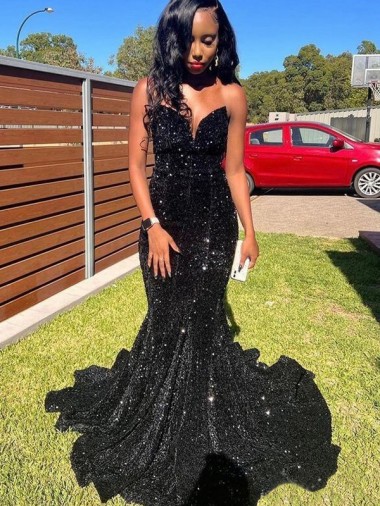 Compra Negro Sirena Cuello de Corazón Lentejuelas Terciopelo Largo Vestidos de fiesta