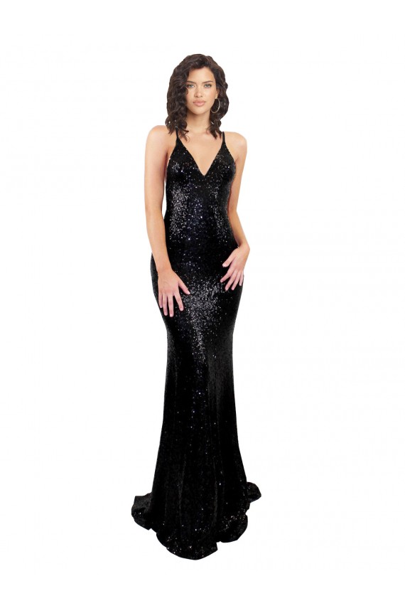 Compra Negro Sirena Cuello en V Lentejuela Largo Formales Vestidos de dama de honor / Vestidos de fiesta