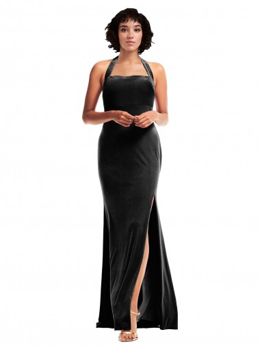 Compra Negro Sirena Halter Terciopelo Elástico Largo Formales Vestidos de dama de honor / Vestidos de fiesta