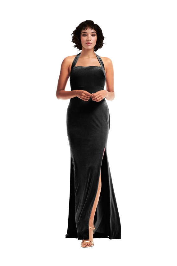 Compra Negro Sirena Halter Terciopelo Elástico Largo Formales Vestidos de dama de honor / Vestidos de fiesta