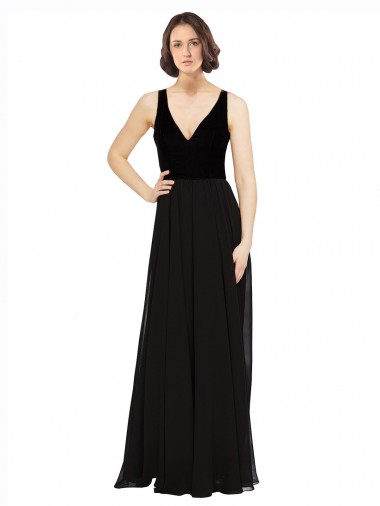 Compra Negro línea A Cuello en V Gasa Terciopelo Largo Vestidos de dama de honor / Vestidos de fiesta