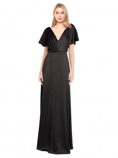Compra Negro línea A Cuello en V Satén elástico Largo Formales Vestidos de dama de honor / Vestidos de fiesta