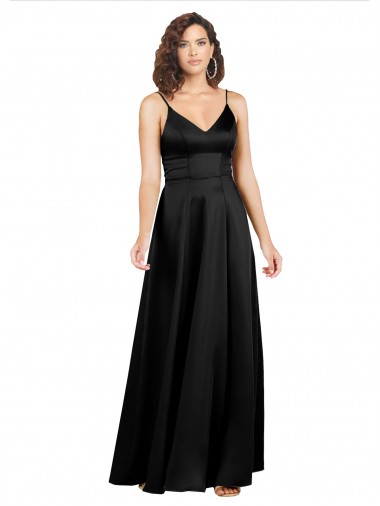 Compra Negro línea A Cuello en V Satén sedoso Largo Formales Vestidos de dama de honor / Vestidos de fiesta