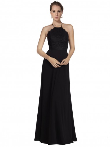Compra Negro línea A Halter Gasa Encaje Largo Vestidos de dama de honor