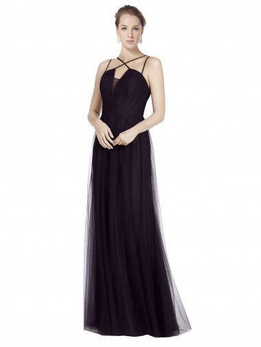 Compra Negro línea A Tirantes espagueti Cuello Alto Tul Largo Vestidos de dama de honor