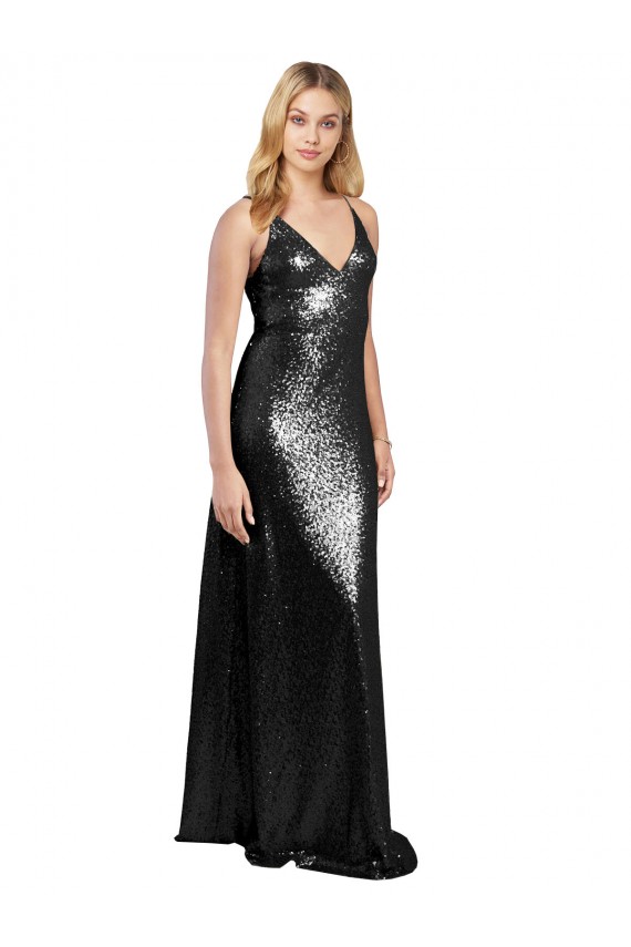 Compra Negro línea A Tirantes espagueti Cuello en V Lentejuela Largo Formales Vestidos de dama de honor / Vestidos de fiesta