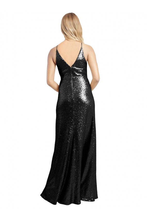 Compra Negro línea A Tirantes espagueti Cuello en V Lentejuela Largo Formales Vestidos de dama de honor / Vestidos de fiesta