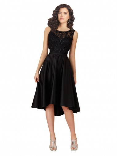 Compra Negro línea A Ilusión Midi Satén Encaje Corto Asimétrico Vestidos de dama de honor / Vestidos de cóctel / Vestidos para homecoming