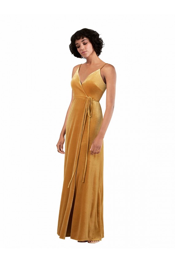 Compra Oro Columna Cuello en V Terciopelo Elástico Largo Formales Vestidos de dama de honor / Vestidos de fiesta