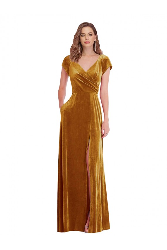 Compra Oro Cubierta Cuello en V Terciopelo Elástico Largo Formales Vestidos de dama de honor / Vestidos de fiesta