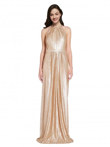 Compra Oro Cubierta Halter Cuello Alto Lentejuela Largo Formales Vestidos de dama de honor / Vestidos de fiesta