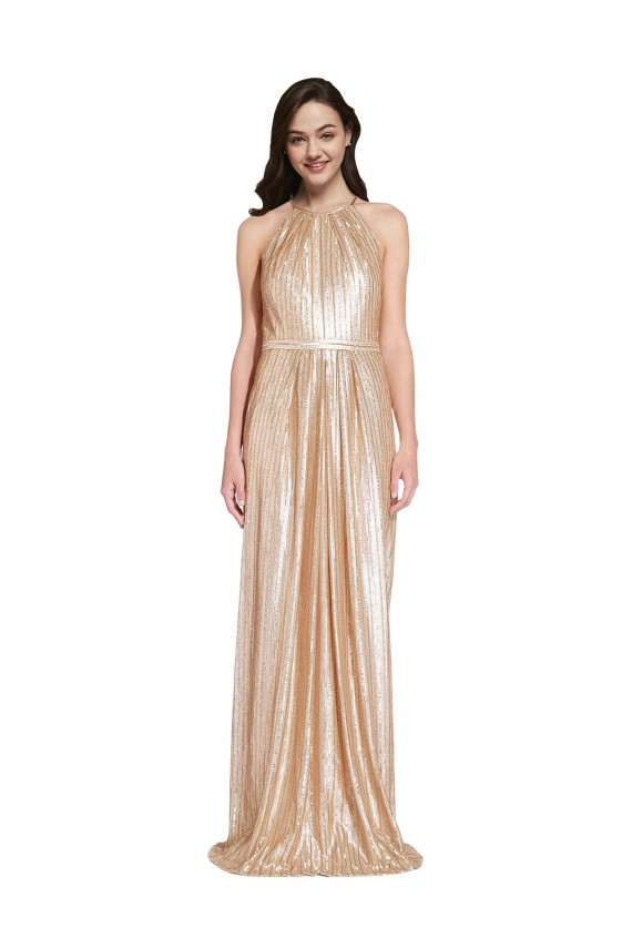 Compra Oro Cubierta Halter Cuello Alto Lentejuela Largo Formales Vestidos de dama de honor / Vestidos de fiesta