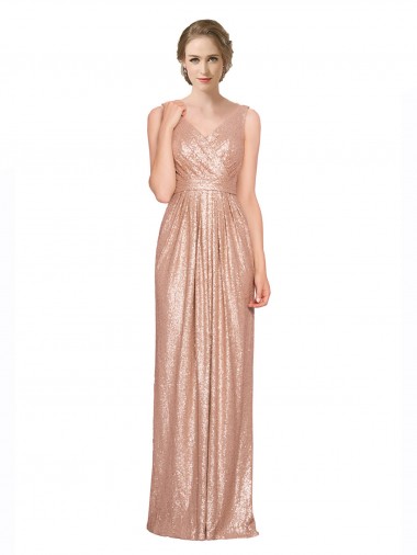 Compra Oro rosa Cubierta Cuello en V Lentejuela Largo Formales Vestidos de dama de honor / Vestidos de fiesta