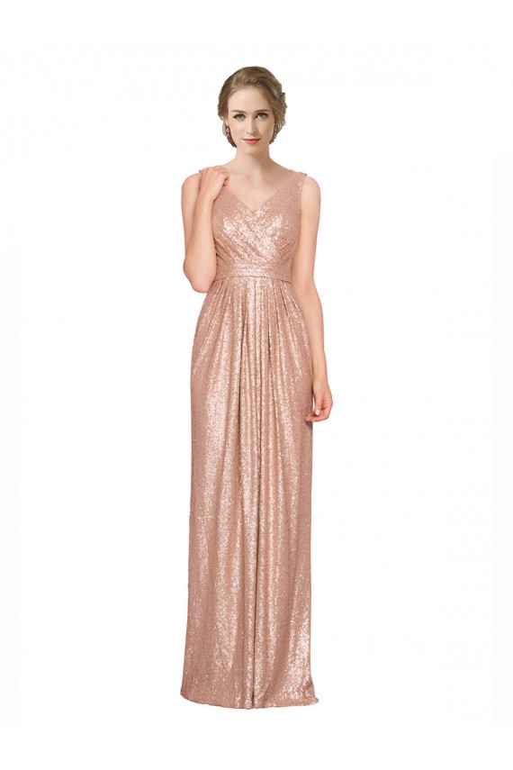 Compra Oro rosa Cubierta Cuello en V Lentejuela Largo Formales Vestidos de dama de honor / Vestidos de fiesta