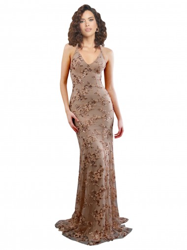 Compra Oro rosa Sirena Cuello en V Cuello Alto Crepé Elástico Lentejuela Tul Largo Formales Vestidos de dama de honor / Vestidos de fiesta
