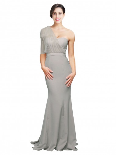 Compra Ostra Plata Sirena Un Hombre Cuello de Corazón Barrer tren Crepé Elástico Tul Largo Formales Vestidos de dama de honor / Vestidos de fiesta
