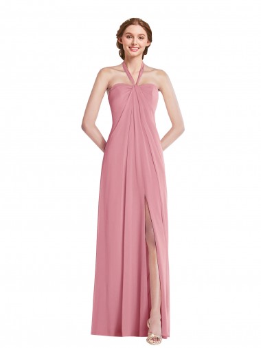 Compra Piel rosa línea A Halter Gasa Largo Vestidos de dama de honor