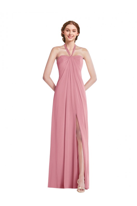 Compra Piel rosa línea A Halter Gasa Largo Vestidos de dama de honor