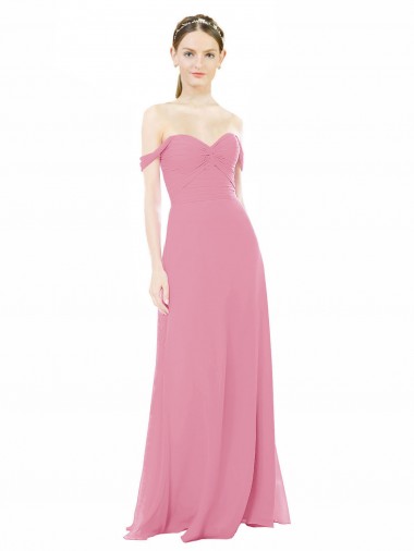 Compra Piel rosa línea A Hombros Descubiertos Gasa Largo Vestidos de dama de honor