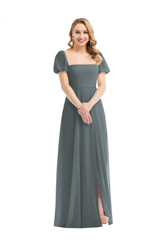 Compra Pizarra gris línea A Cuadrado Gasa Largo Vestidos de dama de honor