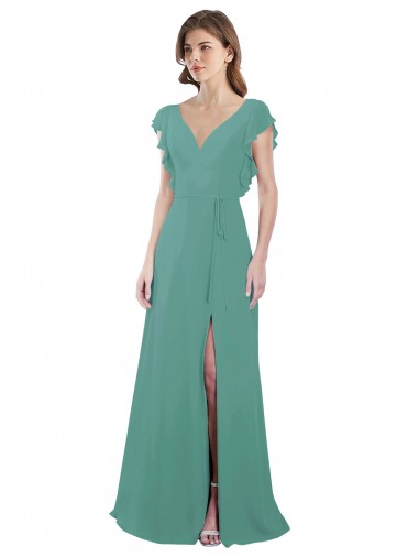 Compra Plata islandesa línea A Cuello en V Gasa Largo Vestidos de dama de honor
