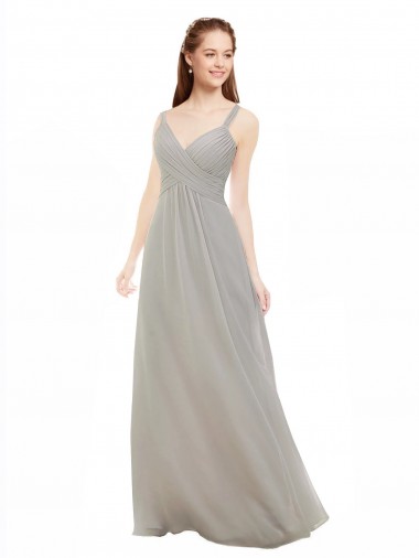 Compra Plata línea A Tirantes espagueti Cuello en V Gasa Largo Vestidos de dama de honor