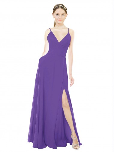 Compra Púrpura línea A Tirantes espagueti Cuello en V Gasa Largo Vestidos de dama de honor