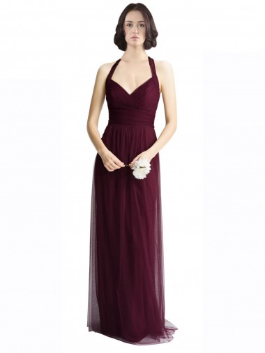 Compra Rojo 74 línea A Halter Cuello en V Tul Largo Vestidos de dama de honor