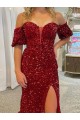 Compra Rojo Cubierta Hombros Descubiertos Cola corte Lentejuelas Terciopelo Largo Vestidos de fiesta
