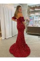 Compra Rojo Cubierta Hombros Descubiertos Cola corte Lentejuelas Terciopelo Largo Vestidos de fiesta