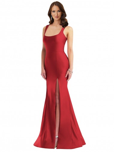 Compra Rojo Sirena Cuadrado Satén sedoso Largo Formales Vestidos de dama de honor / Vestidos de fiesta