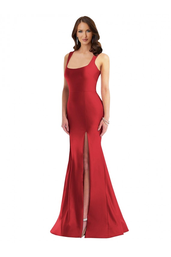 Compra Rojo Sirena Cuadrado Satén sedoso Largo Formales Vestidos de dama de honor / Vestidos de fiesta