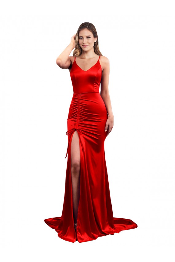 Compra Rojo Sirena Cuello de Corazón Satén elástico Largo Formales Vestidos de dama de honor / Vestidos de fiesta