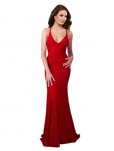 Compra Rojo Sirena Cuello en V Encaje Largo Formales Vestidos de dama de honor / Vestidos de fiesta