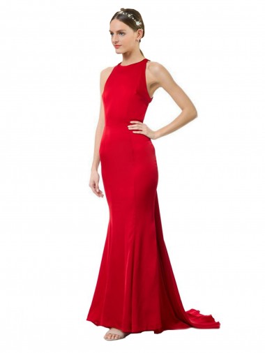 Compra Rojo Sirena Halter Cuello Alto Crepé Elástico Largo Formales Vestidos de dama de honor / Vestidos de fiesta