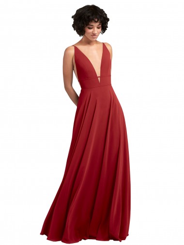 Compra Rojo línea A Cuello en V Gasa Largo Vestidos de dama de honor