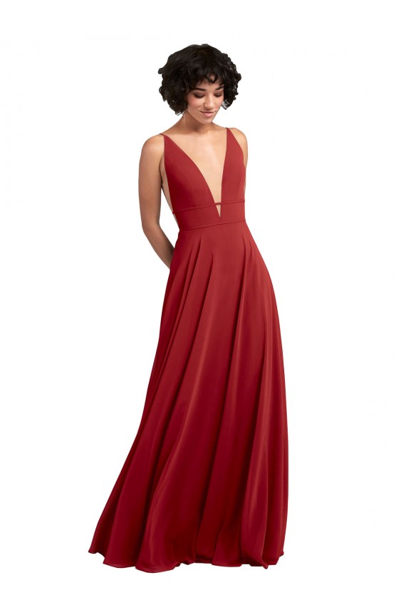 Compra Rojo línea A Cuello en V Gasa Largo Vestidos de dama de honor