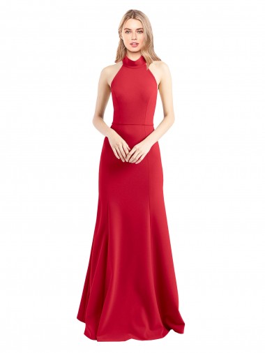 Compra Rojo línea A Halter Cuello Alto Crepé Elástico Largo Formales Vestidos de dama de honor / Vestidos de fiesta