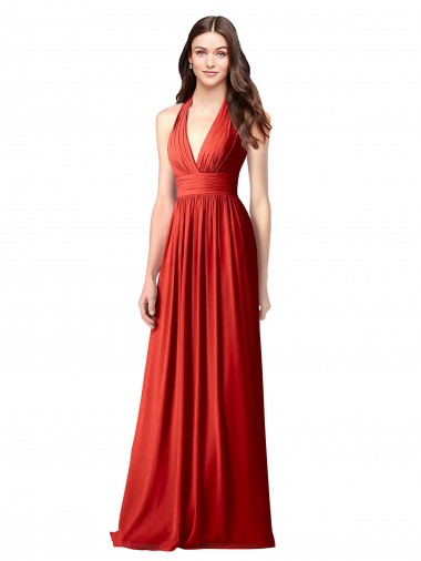 Compra Rojo línea A Halter Cuello en V Gasa Largo Vestidos de dama de honor